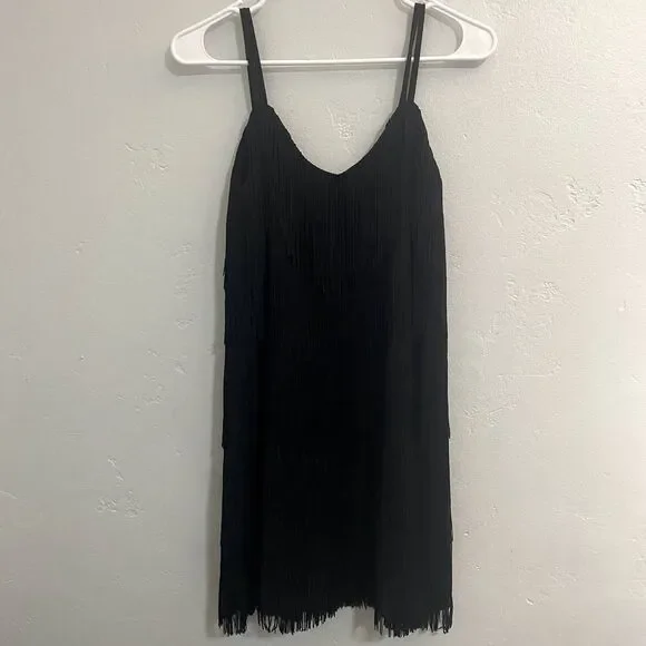 Zara | Black Fringe Tassels Tiered Mini Dress Spaghetti Strap 1920s - Picture 7 of 8